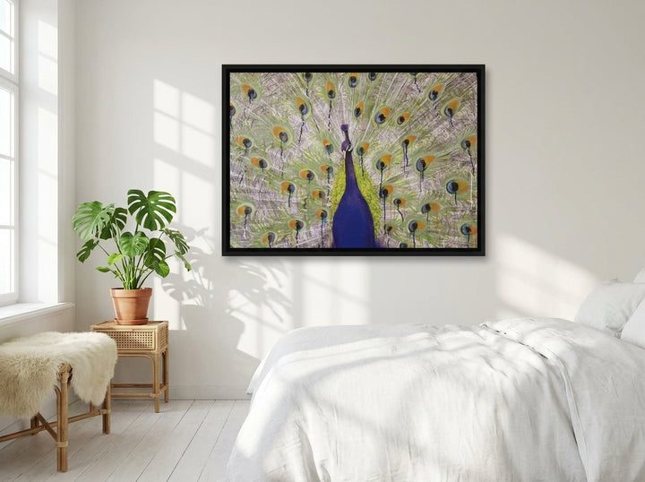 Canvas wall art with a black surround styled on the wall in a bright Scandinavian bedroom