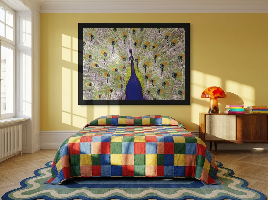 Oversized statement modern wall art print styled on the wall in a colourful eclectic bedroom