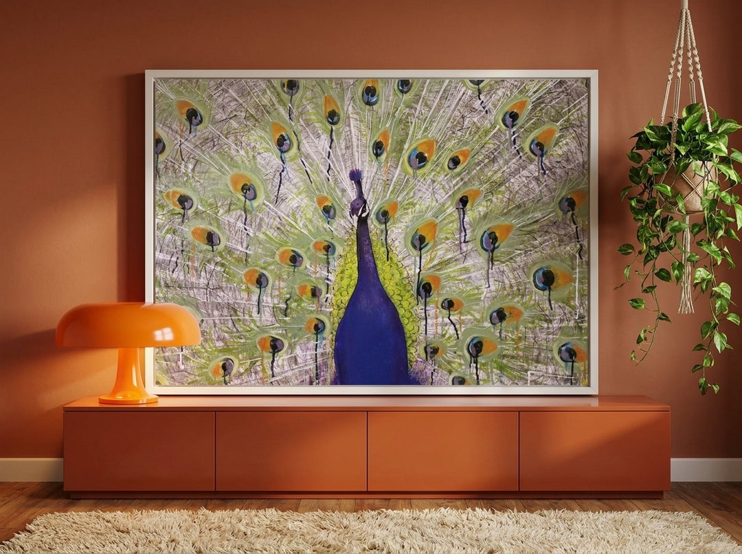 Modern wall art print styled on the wall in a retro 70s living room