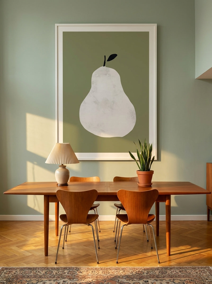 Oversized statement modern wall art print styled on the wall in a mid-century dining room