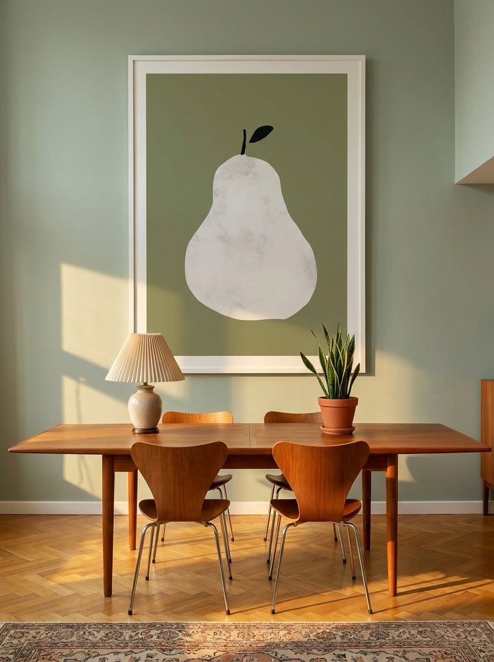 Oversized statement modern wall art print styled on the wall in a mid-century dining room