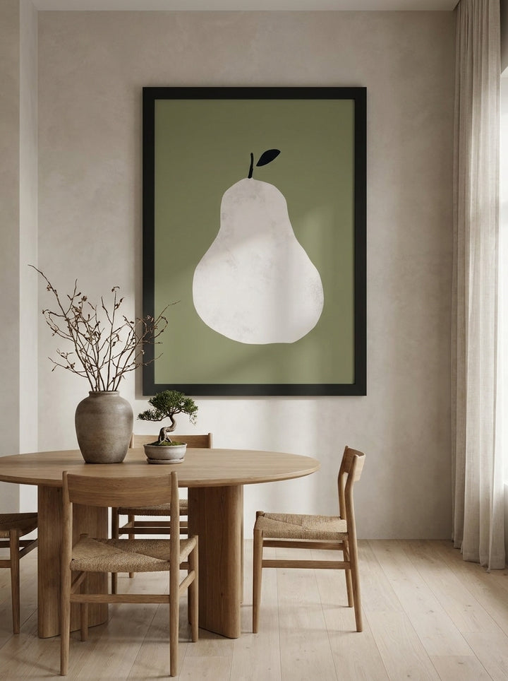 Oversized statement modern wall art print styled on the wall in a warm Japandi dining room