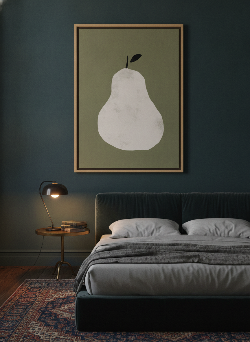 Oversized statement canvas wall art with a natural timber surround styled on the wall in a moody bedroom
