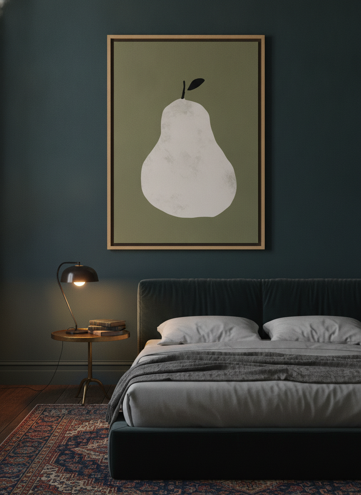 Oversized statement canvas wall art with a natural timber surround styled on the wall in a moody bedroom