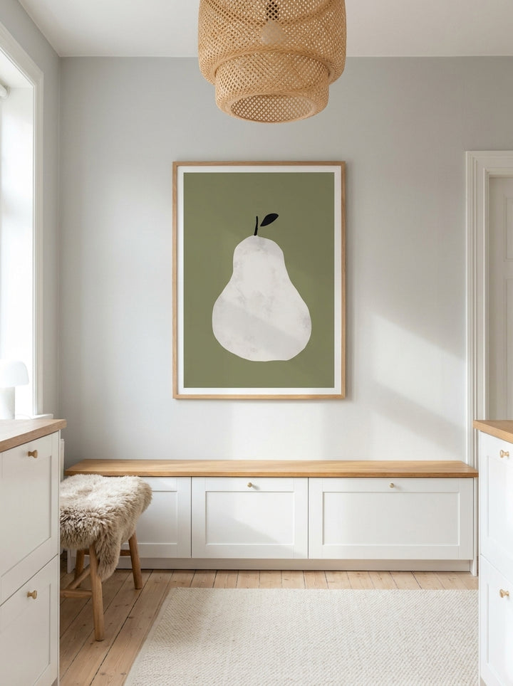 Modern wall art print styled on the wall in a bright Scandinavian kitchen