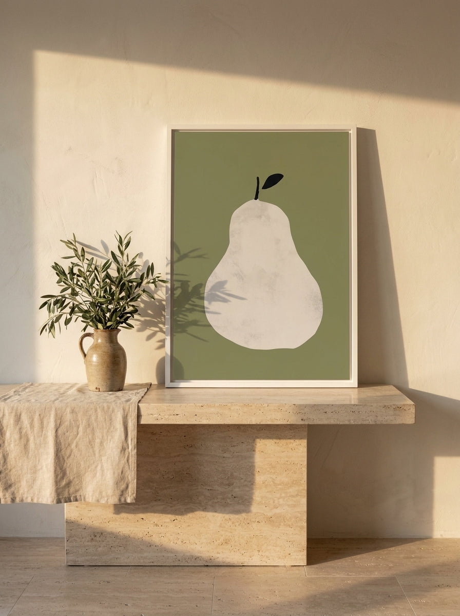 Modern wall art print standing on a console in a Mediterranean living room