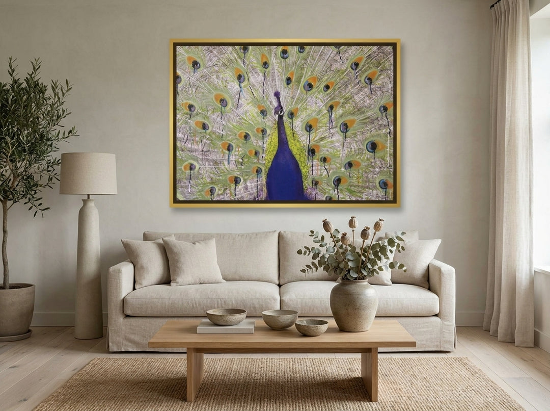 Canvas wall art with a gold leaf surround styled on the wall in a warm Japandi living room