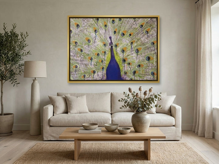 Canvas wall art with a gold leaf surround styled on the wall in a warm Japandi living room