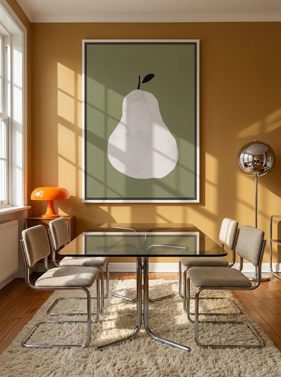 Oversized statement canvas wall art with a white surround styled on the wall in a retro 70s dining room