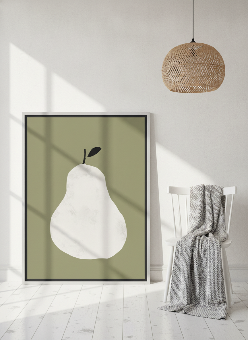 Canvas wall art with a silver leaf surround leaning against the wall in a bright Scandinavian bedroom