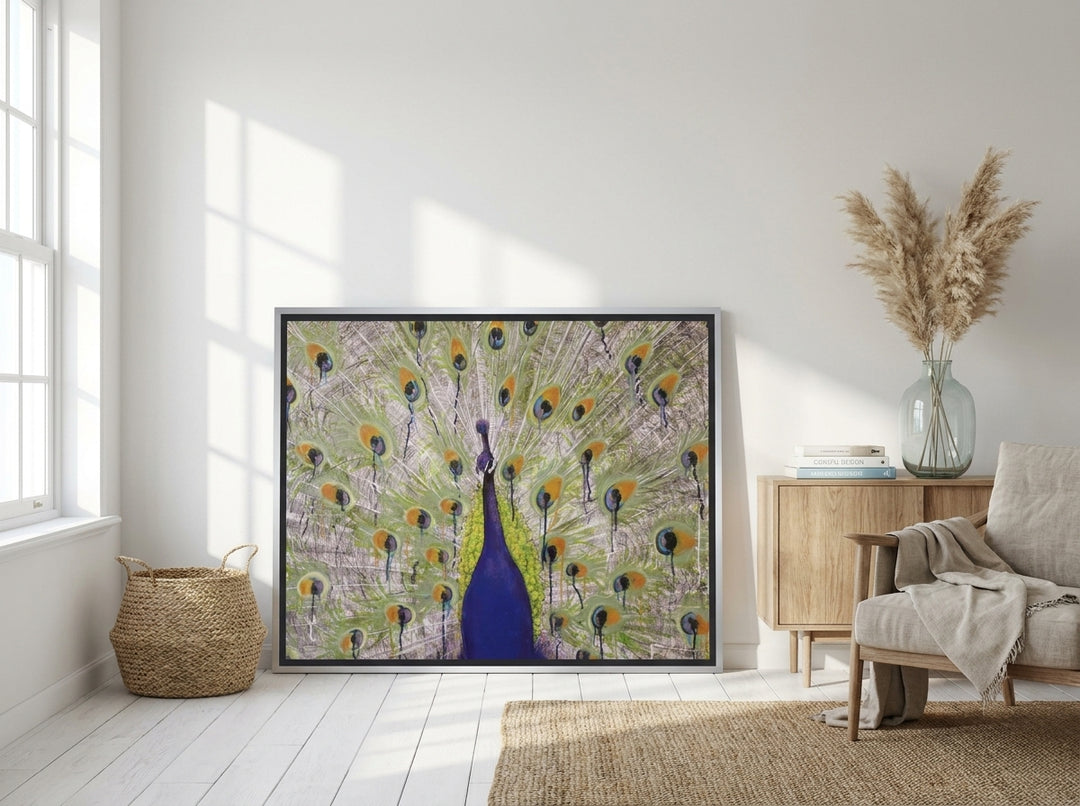 Oversized statement canvas wall art with a silver leaf surround leaning against the wall in a coastal dining room