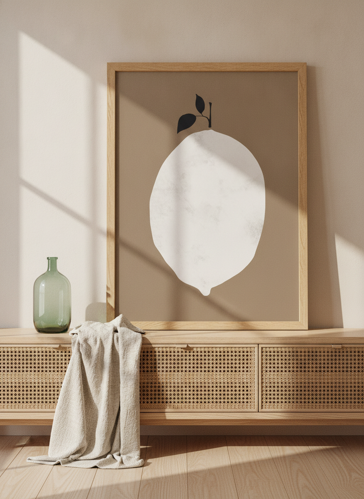 Modern wall art print standing on a sideboard in a coastal bathroom
