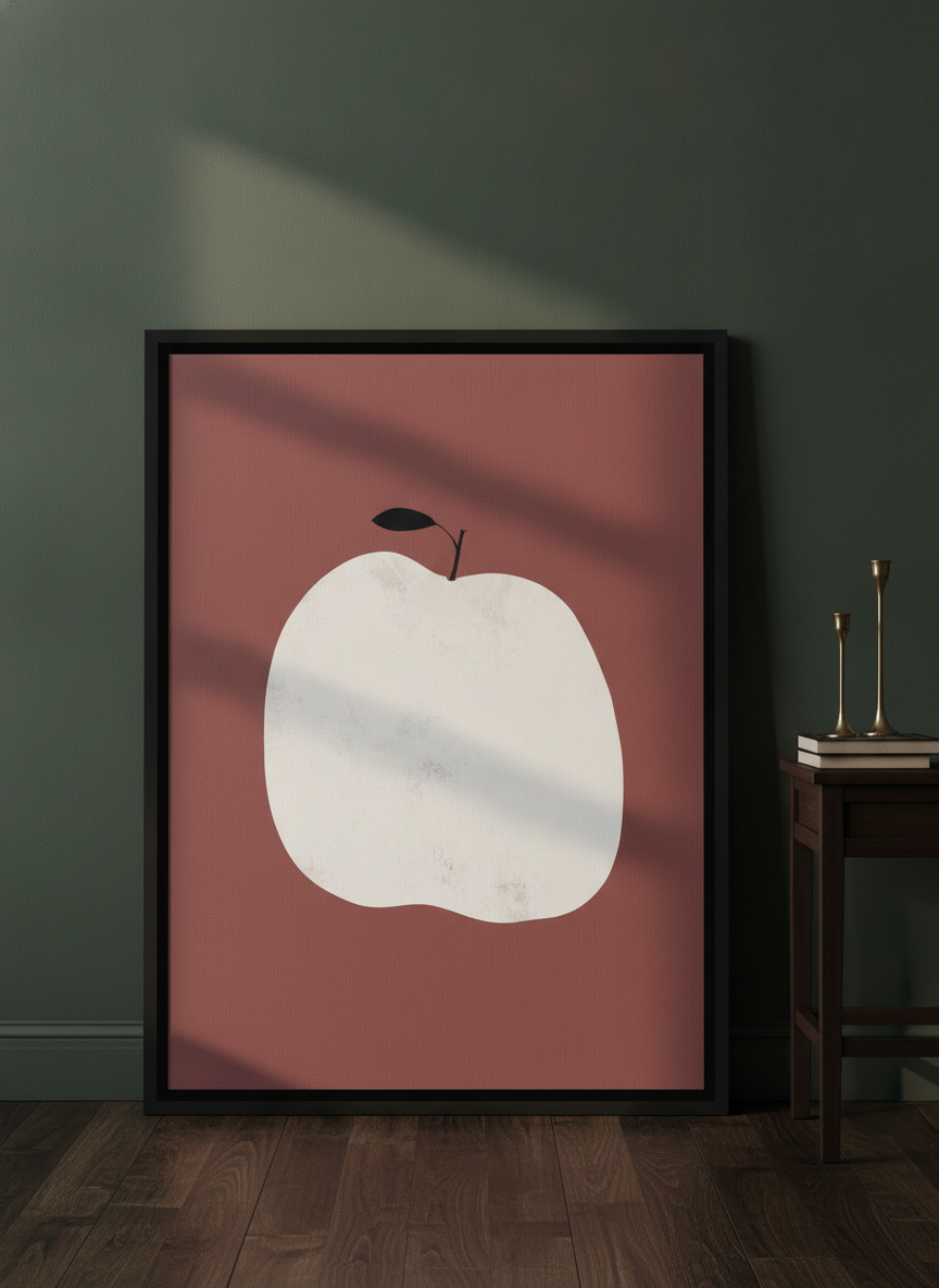 Canvas wall art with a black surround leaning against the wall in a moody living room