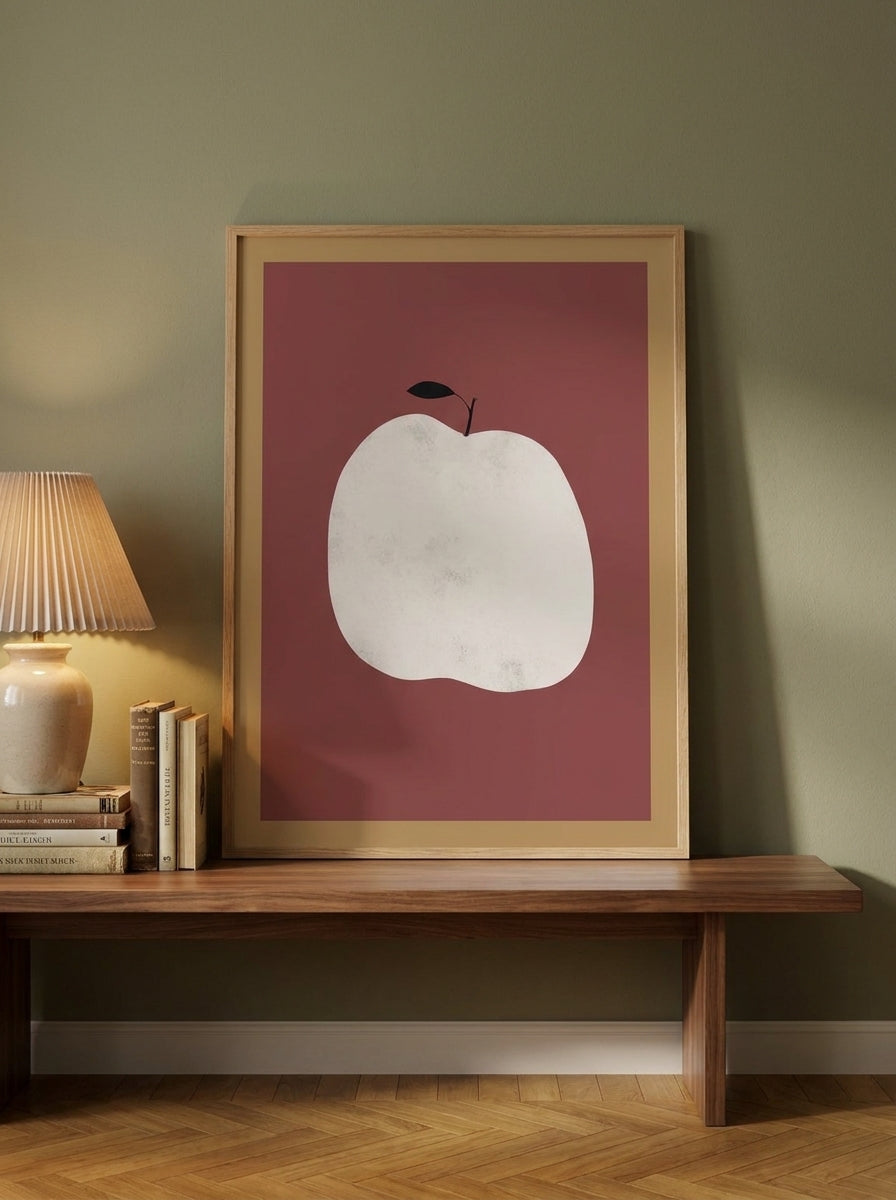 Modern wall art print standing on a kitchen bench in a mid-century kitchen
