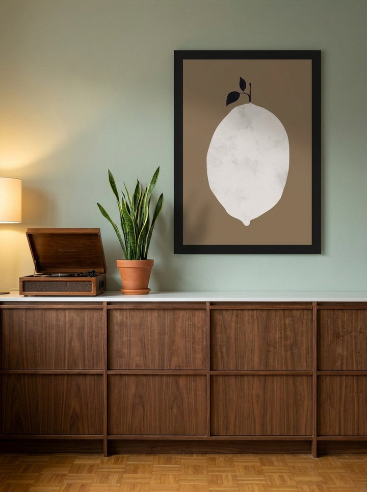 Modern wall art print styled on the wall in a mid-century kitchen