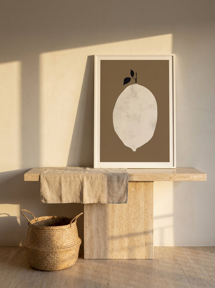 Modern wall art print standing on a console in a Mediterranean living room