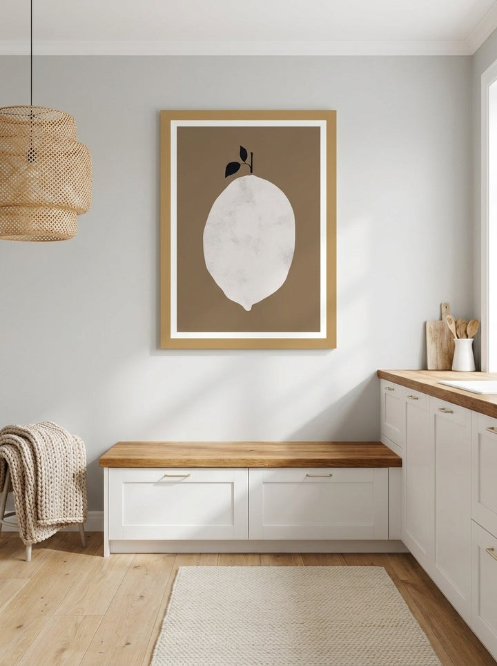 Modern wall art print styled on the wall in a bright Scandinavian kitchen