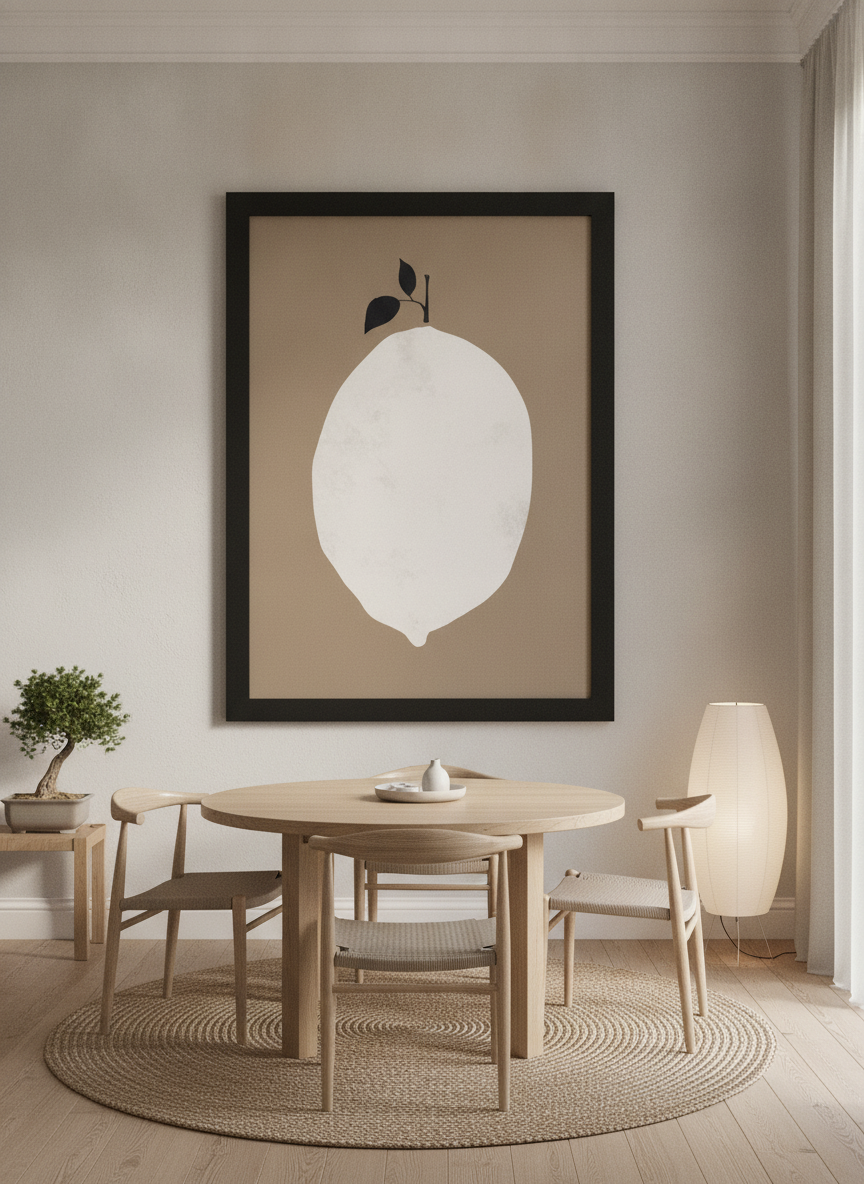Oversized statement modern wall art print styled on the wall in a warm Japandi dining room