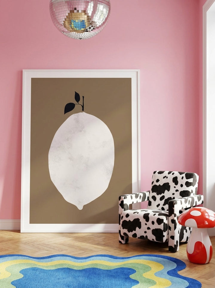 Oversized statement modern wall art print leaning against the wall in a colourful eclectic dining room