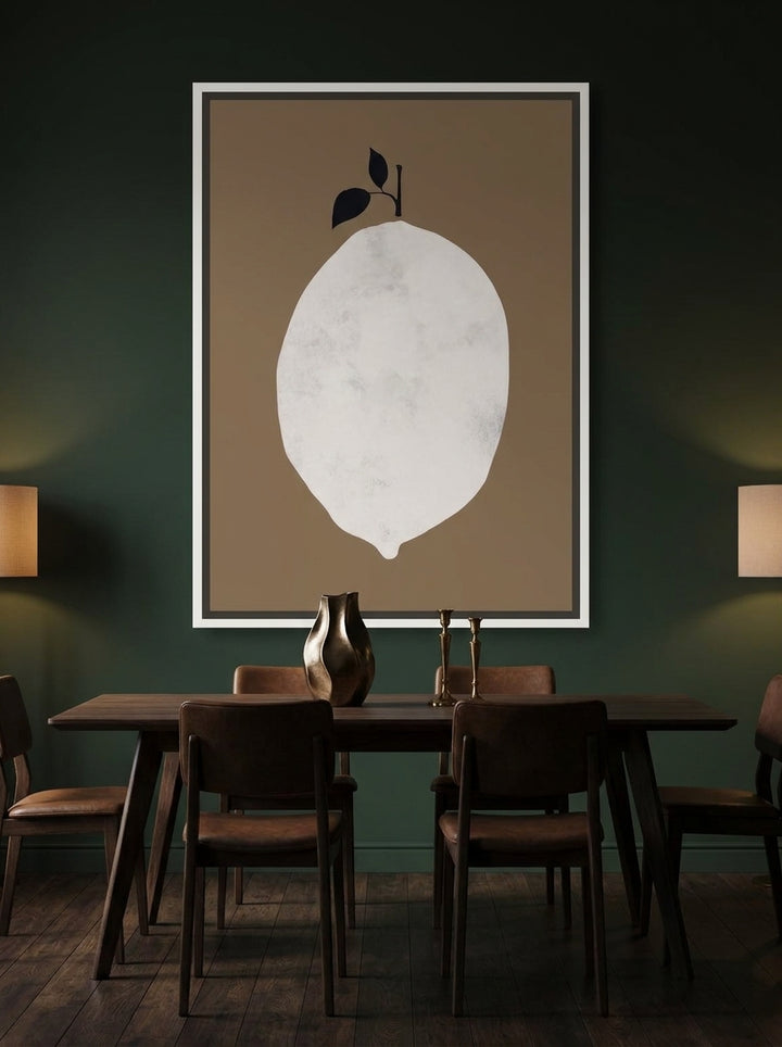 Oversized statement canvas wall art with a white surround styled on the wall in a moody dining room