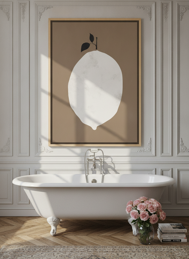 Oversized statement canvas wall art with a natural timber surround styled on the wall in a Parisian bathroom