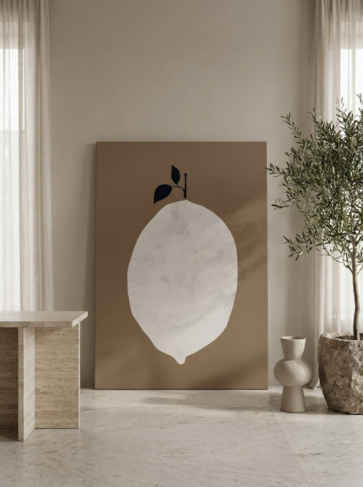 Stretched canvas wall art leaning against the wall in a luxe living room