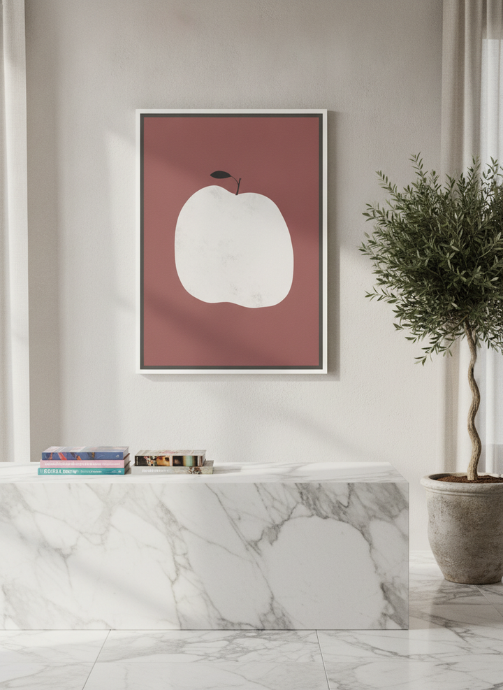 Canvas wall art with a white surround styled on the wall in a luxe kitchen