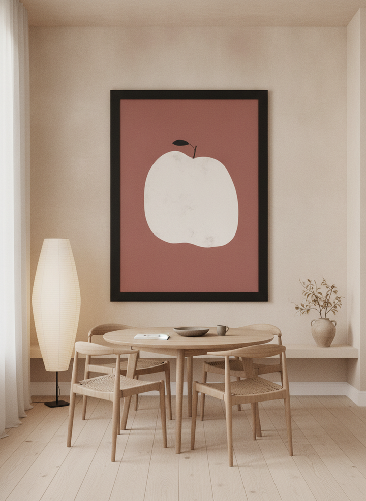 Oversized statement modern wall art print styled on the wall in a warm Japandi dining room