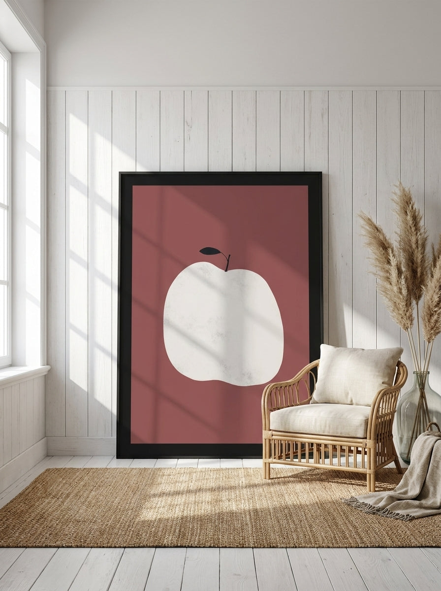 Oversized statement modern wall art print leaning against the wall in a coastal dining room