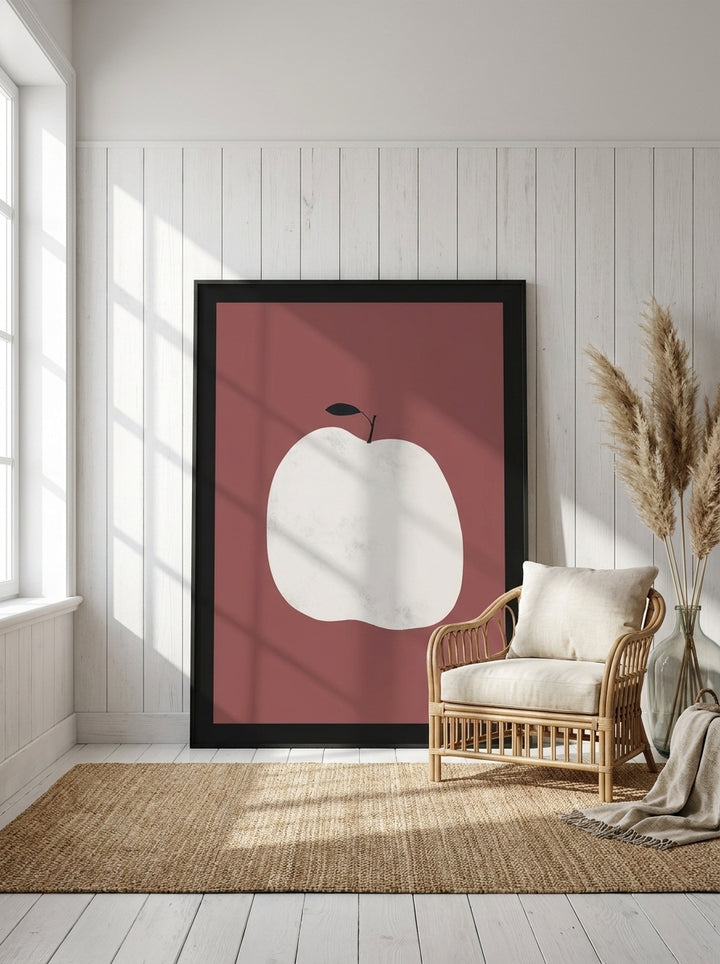 Oversized statement modern wall art print leaning against the wall in a coastal dining room