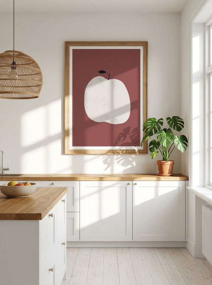 Modern wall art print styled on the wall in a bright Scandinavian kitchen