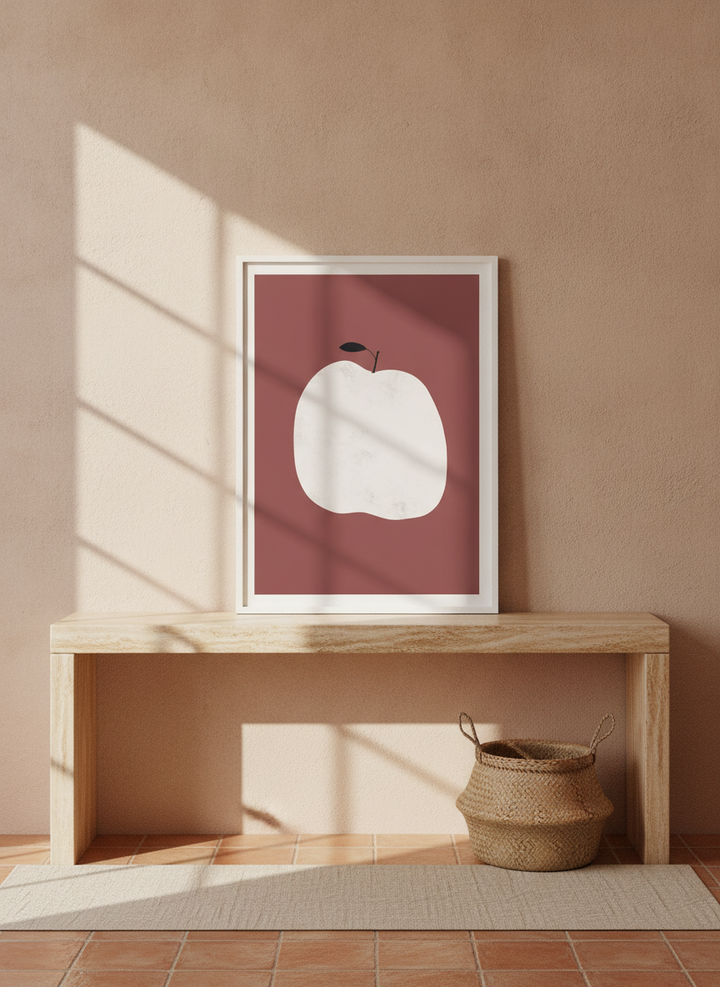 Modern wall art print standing on a console in a Mediterranean living room