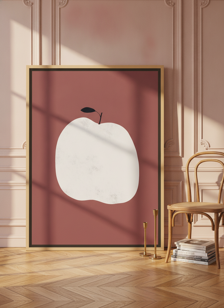 Oversized statement canvas wall art with a natural timber surround leaning against the wall in a Parisian dining room