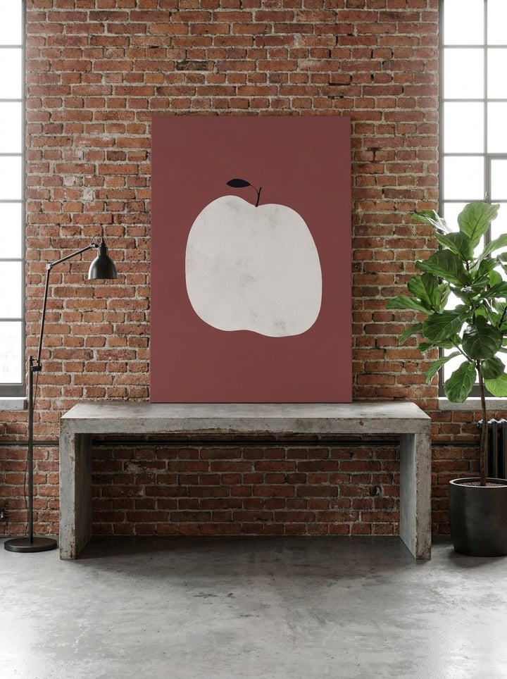 Stretched canvas wall art standing on a kitchen bench in an industrial loft kitchen