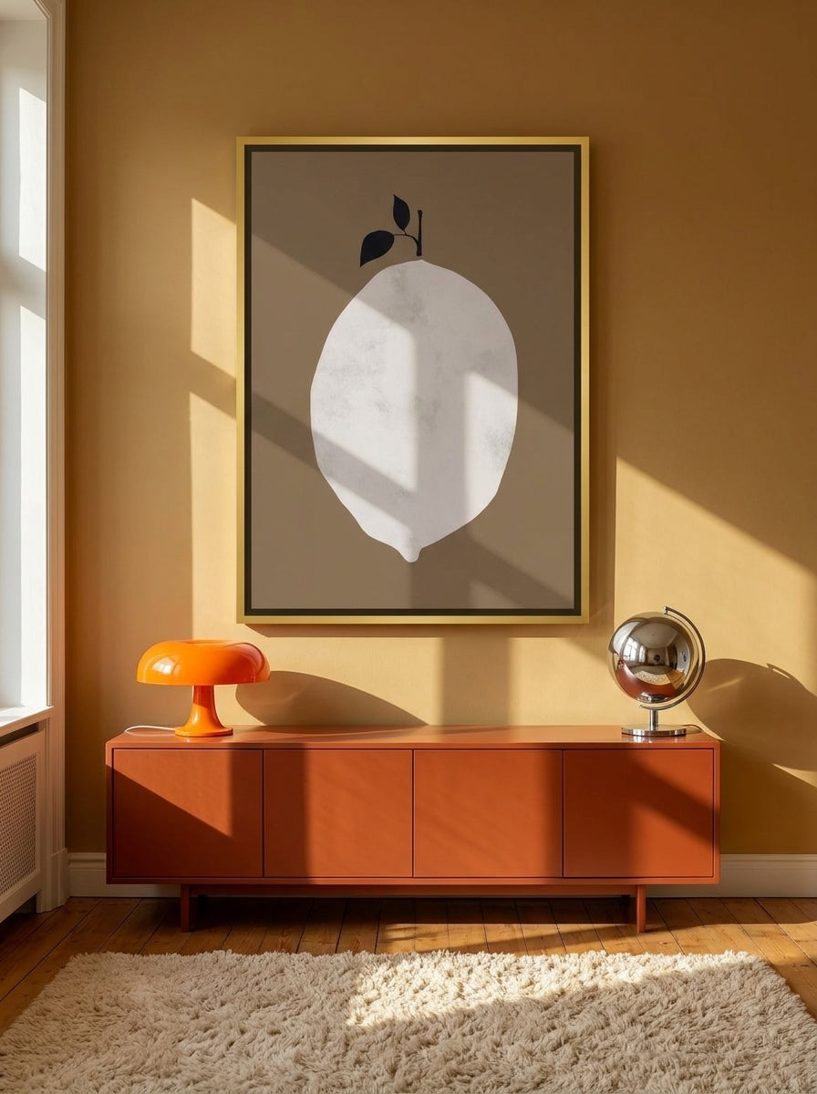 Canvas wall art with a gold leaf surround styled on the wall in a retro 70s living room
