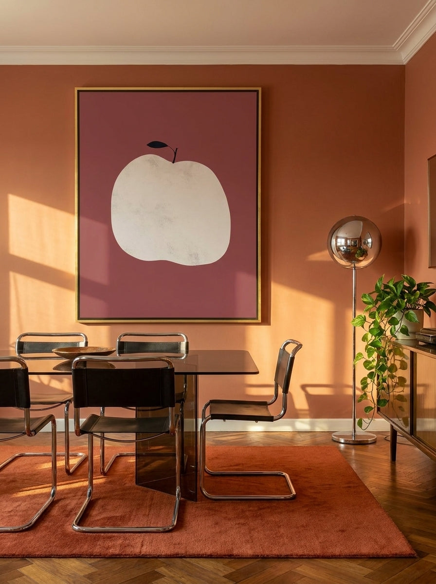 Oversized statement canvas wall art with a gold leaf surround styled on the wall in a retro 70s dining room
