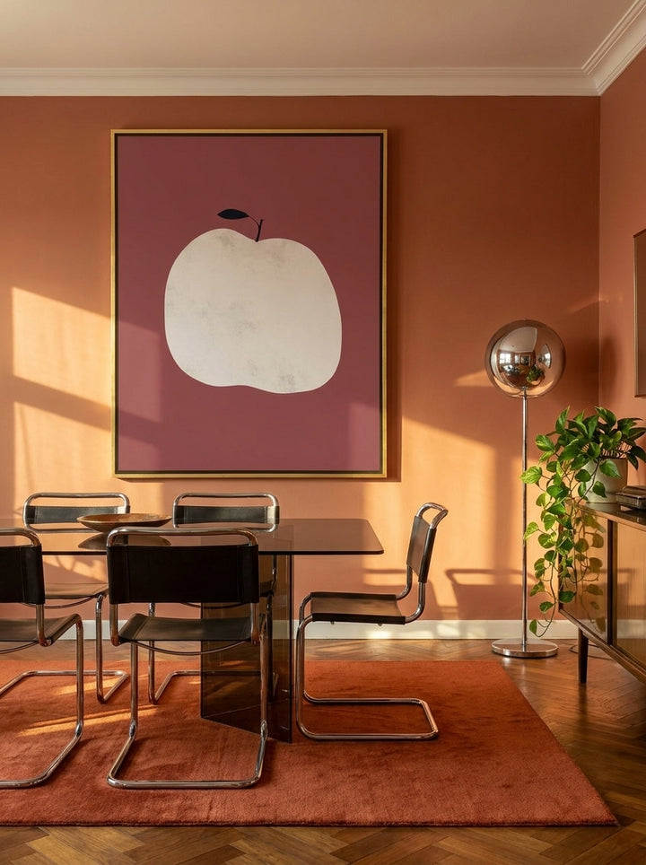 Oversized statement canvas wall art with a gold leaf surround styled on the wall in a retro 70s dining room