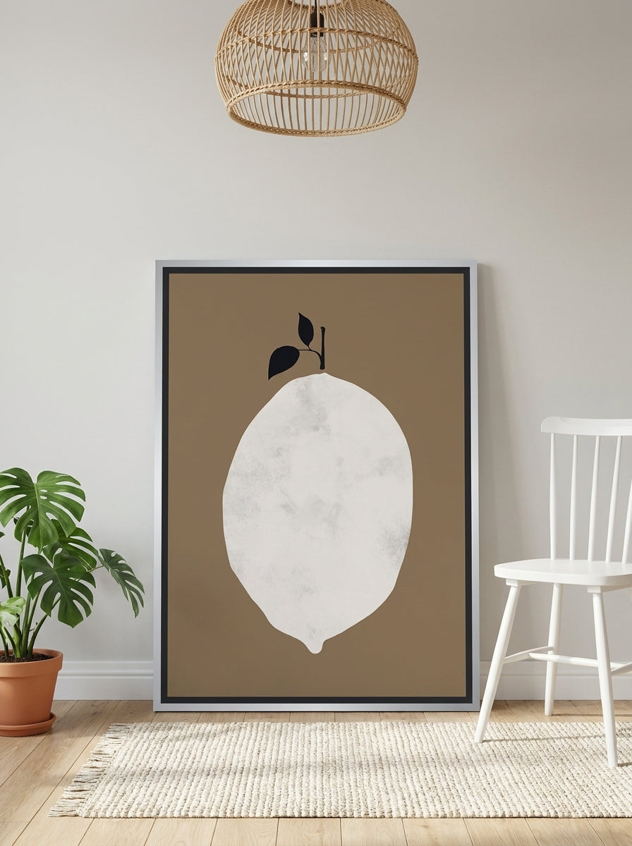Canvas wall art with a silver leaf surround leaning against the wall in a bright Scandinavian bathroom