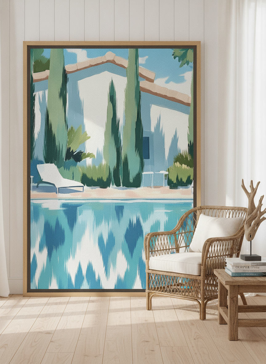 Oversized statement canvas wall art with a natural timber surround leaning against the wall in a coastal bedroom