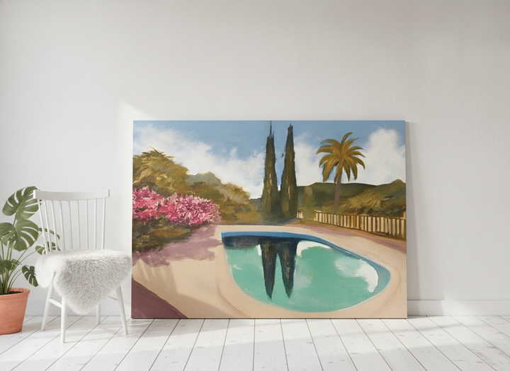 Stretched canvas wall art leaning against the wall in a bright Scandinavian bedroom