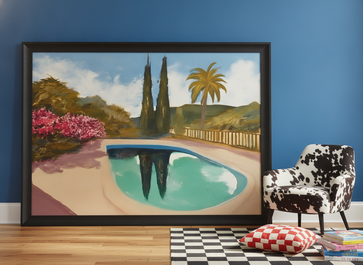 Oversized statement modern wall art print leaning against the wall in a colourful eclectic dining room