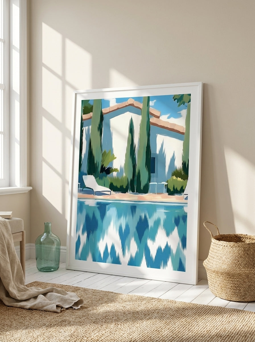 Oversized statement modern wall art print leaning against the wall in a coastal bedroom