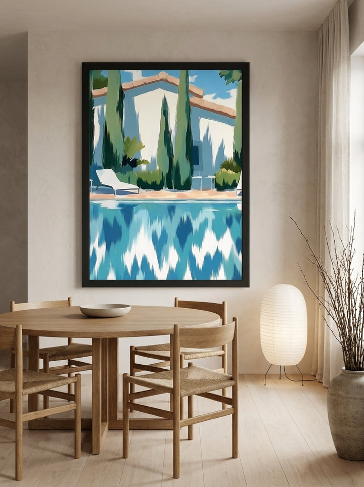 Oversized statement modern wall art print styled on the wall in a warm Japandi dining room
