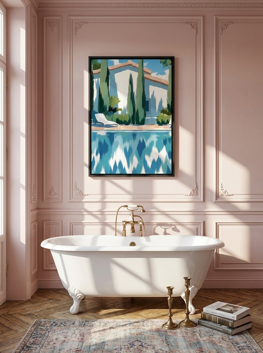 Canvas wall art with a black surround styled on the wall in a Parisian bathroom