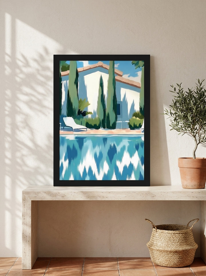 Modern wall art print standing on a console in a Mediterranean bedroom