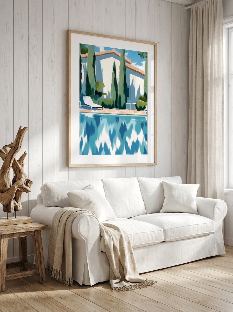 Modern wall art print styled on the wall in a coastal living room