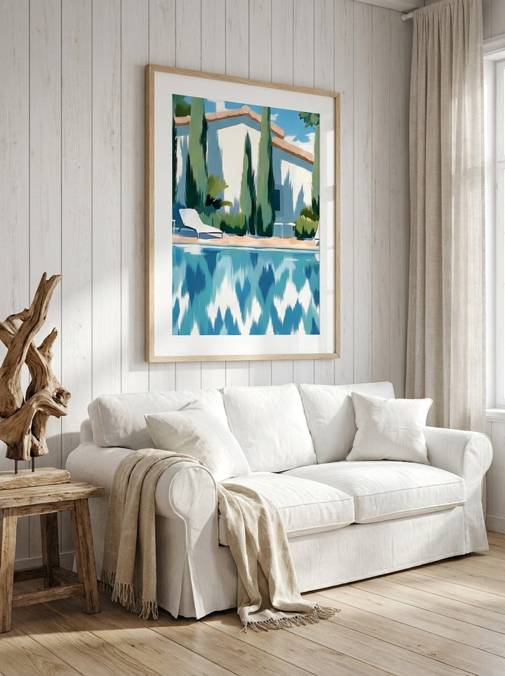 Modern wall art print styled on the wall in a coastal living room