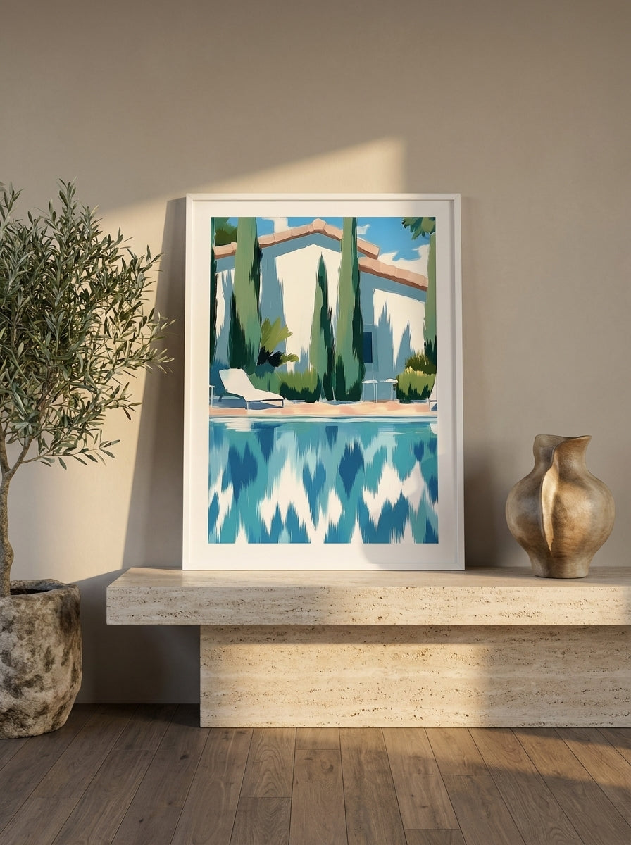 Modern wall art print standing on a console in a luxe living room