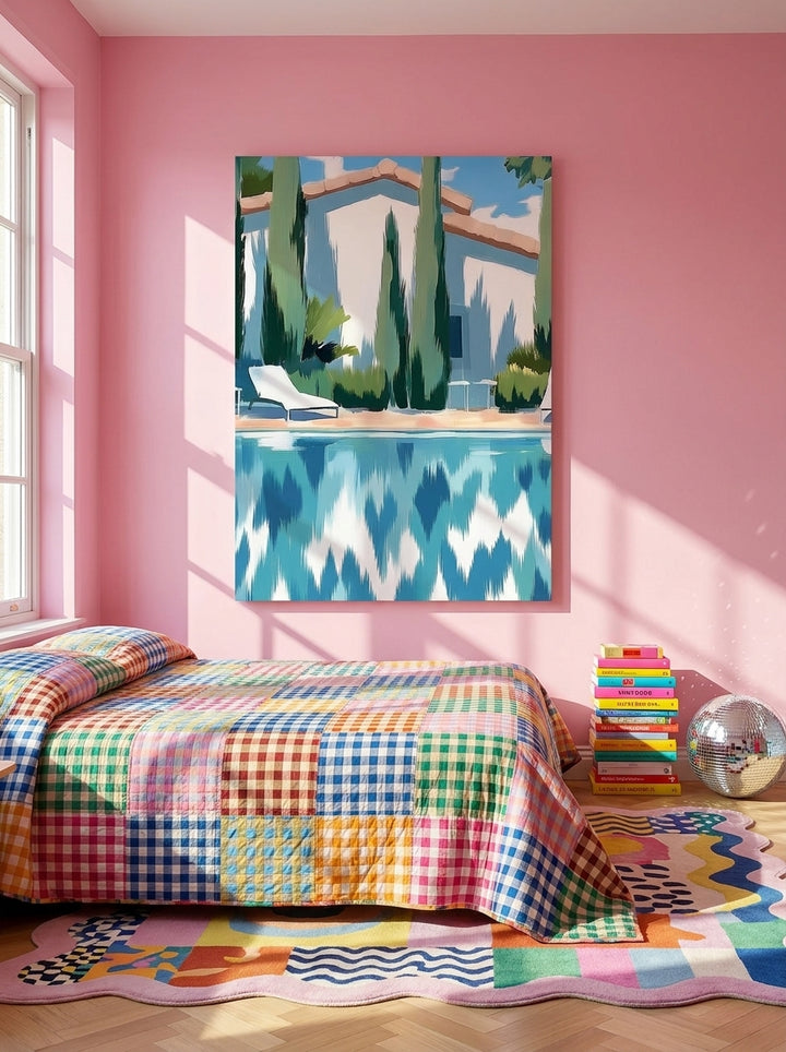 Stretched canvas wall art styled on the wall in a colourful eclectic bedroom