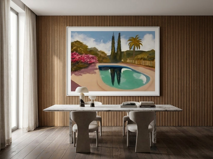 Oversized statement modern wall art print styled on the wall in a luxe dining room